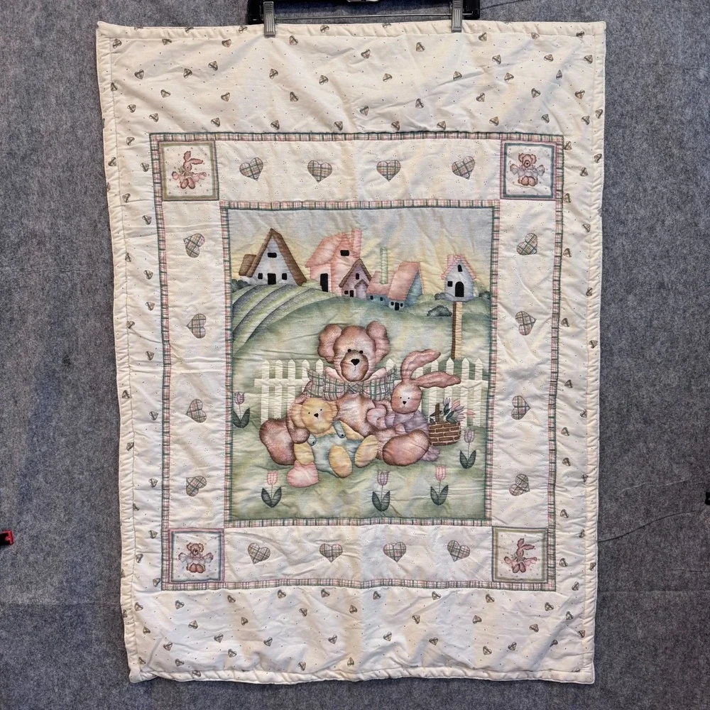 Vtg Nursery Handmade Baby Quilt Teddy Bears Bunny Hearts Cottagecore Crib